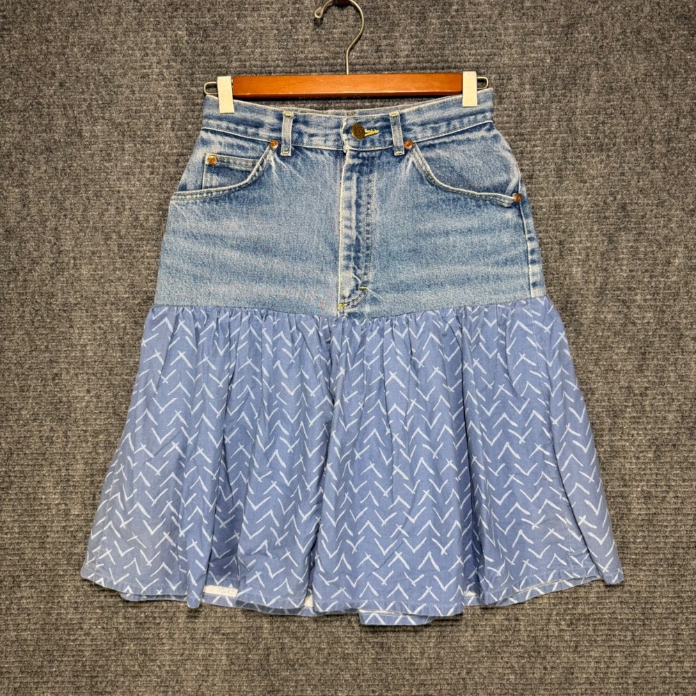 Vintage Lee Riders Denim Mixed Media Ruffle Skirt Blue Patterned Talon 42 Zip
